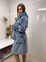 Женский халат с двумя карманами и капюшоном, махра морская волна.т.м lekol