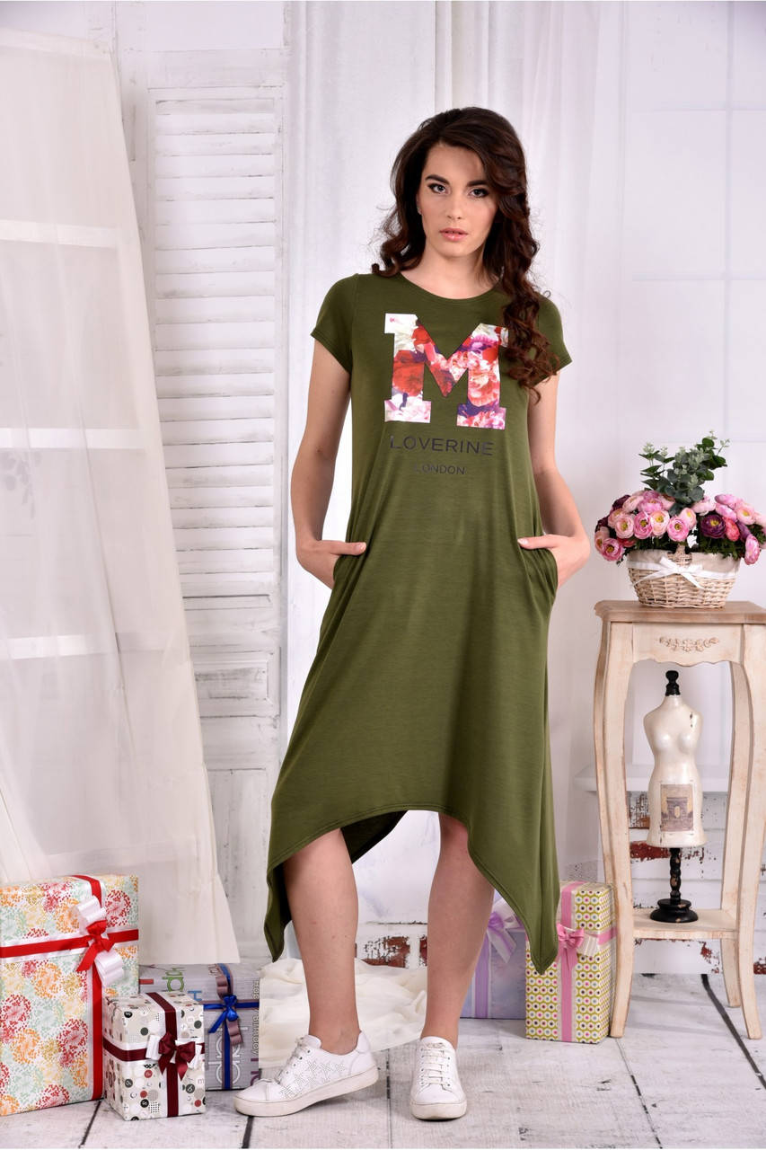 

Длинное платье летнее натуральное цвета хаки большой размер 42-74. 0558-1 74