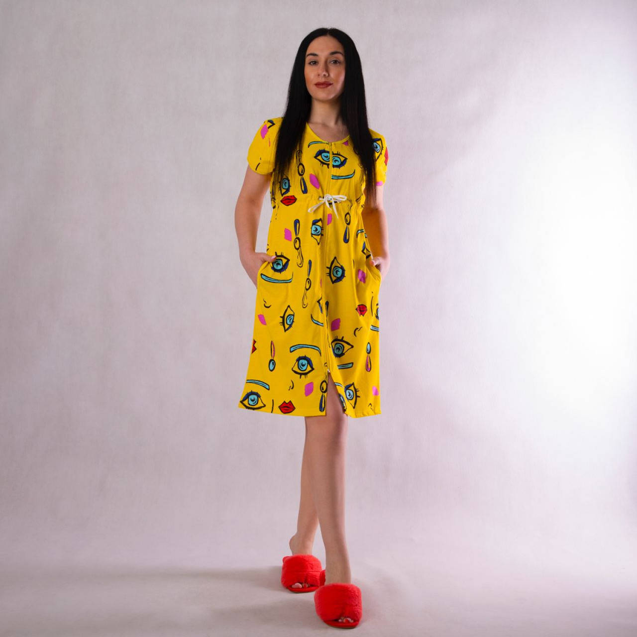 

Женский летний халат на молнии "Любава-Губы желтый" р.46-54 Халат женский желтый летний на молнии хлопок