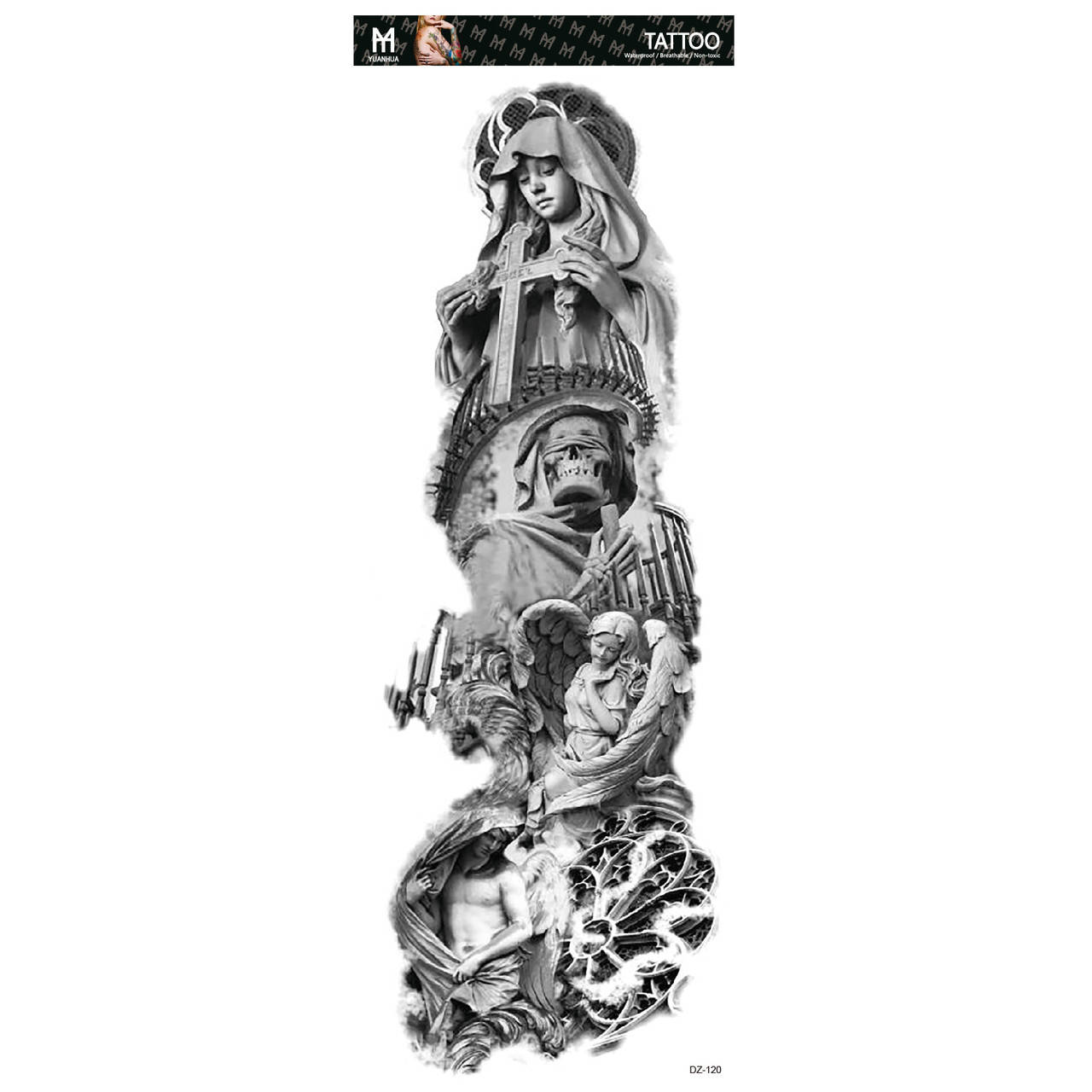 

Флеш тату, На руку/ногу/бедро, 48*17см Религиозная тематика, Греческий стиль, Черепа, Кресты, Дева Мария