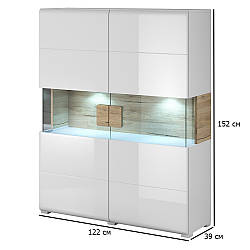 Шафа вітрина з підсвічуванням дводверна Toledo 122 см білий глянець та дуб сан-ремо світлий для вітальні