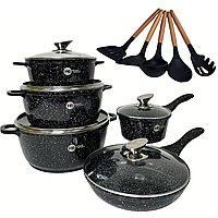 Набор кухонной посуды с гранитным покрытием 17 предметов Higher Kitchen HK-305 черный для индукции