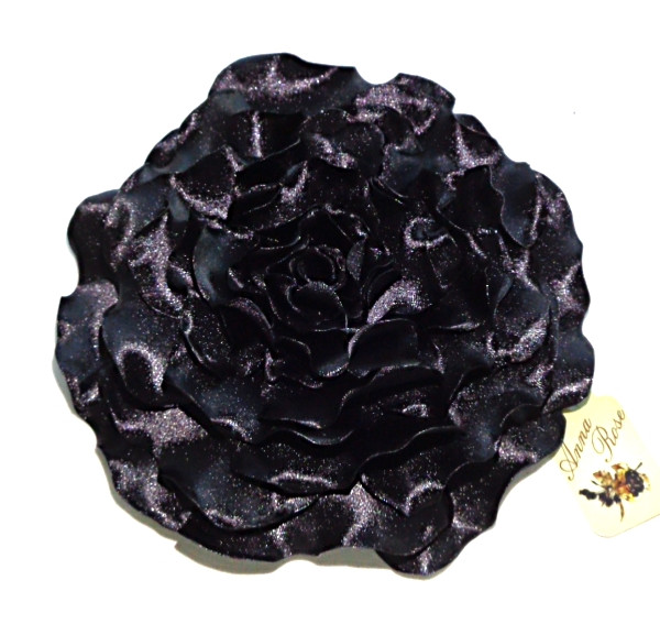 Брошка чорна квітка з тканини ручної роботи "Велика Гвоздика"