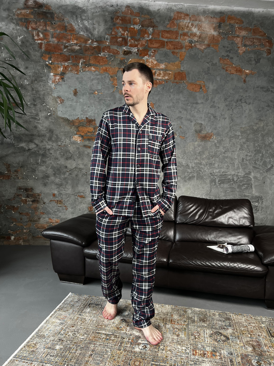 Піжама чоловіча КОТОН сорочка і штани КЛІТИНКА СИНІЙ BRAND 201115, фото 1