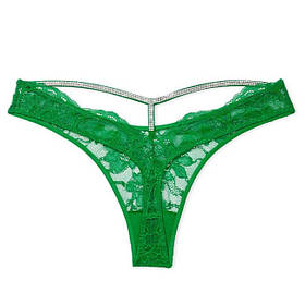 Ніжні мереживні трусики -стрінги Victoria’s Secret  Shine Chain Strap Lace Thong Panty  Limelight Size L