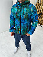 Осенне-весенняя мужская куртка с капюшоном "Океан и Острова" синяя с зеленым - S, M, L, XL