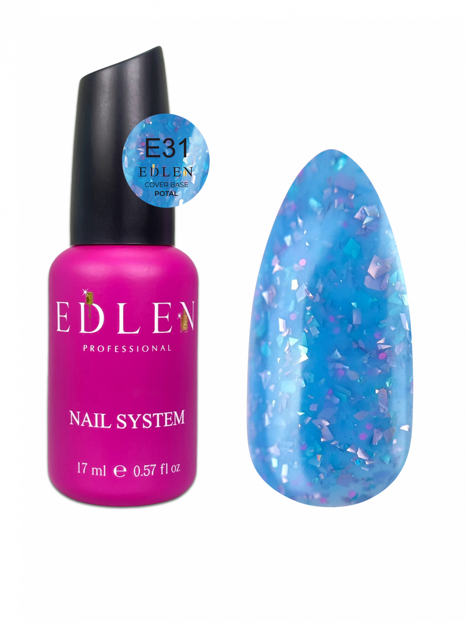 Камуфлююча база Edlen Cover base Potal №E31 блакитна зі шматочками поталлі, 17 мл, фото 1