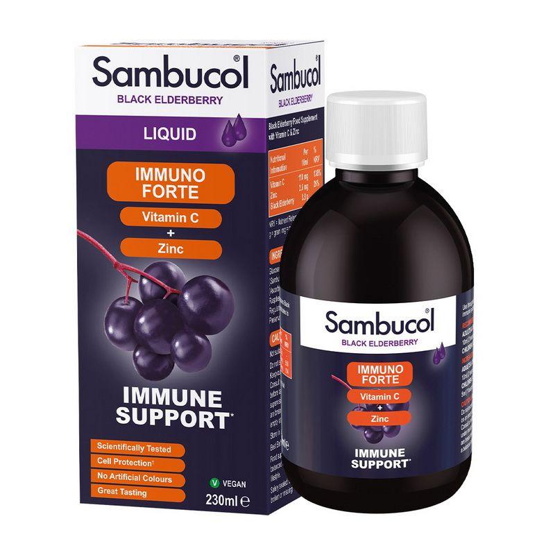 Sambucol, Immuno Forte Liquid, сироп чорна бузина, вітамін C і цинк для дорослих і дітей, 230 мл