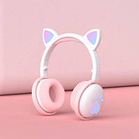 Бездротові навушники "CAT" BK1 з котячими вушками та LED лапками WHITE+PINK