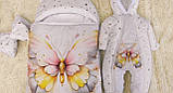 Теплий комплект для новонароджених дівчаток, принт метелик, білий з глітером, фото 6