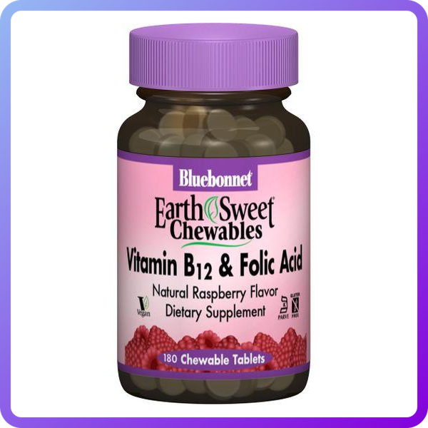 Вітамін В12 та Фолієва кислота Смак Малини Bluebonnet Nutrition Earth Sweet В12 + folic acid 180 жев.таб (512454)