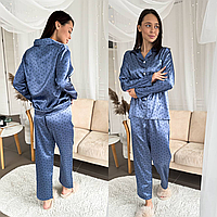 Женская пижама Шелковая Армани рубашка и штаны для девушек Домашний костюм с Сердечками Синяя