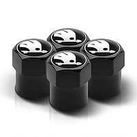 Защитные металлические колпачки на ниппель, золотник автомобильных колес с логотипом Skoda Шкода- черные