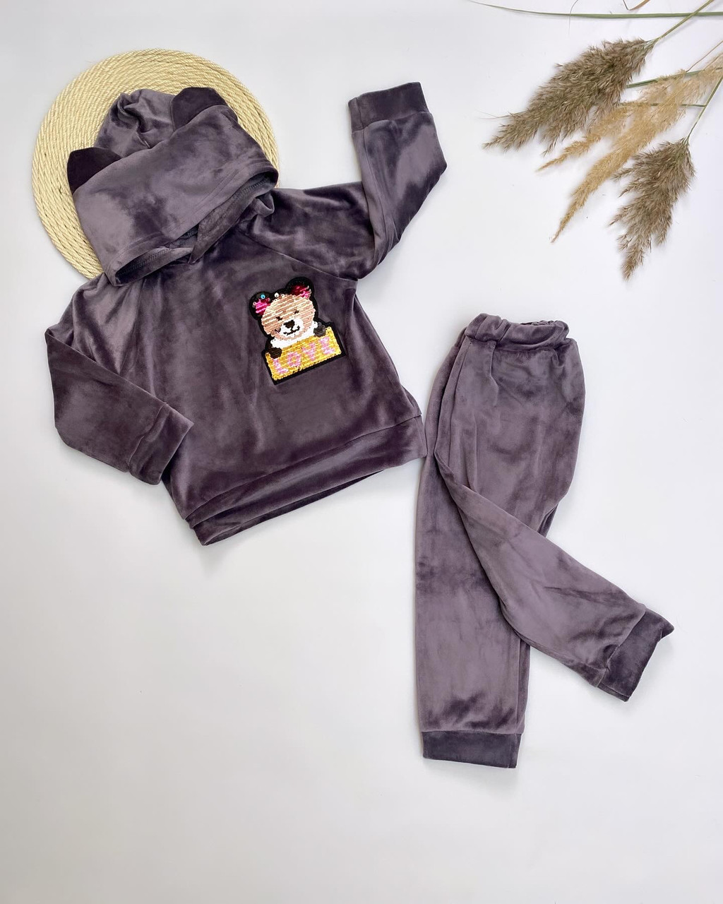 Дитячий костюм велюровий теплий темно-сірий 74 см