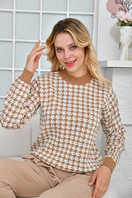 В'язаний светр зі стильним принтом "Гусяча лапка" в кофейному кольорі