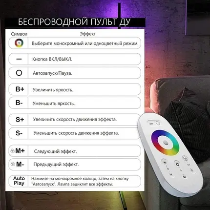 Підлогова кутова RGB-лампа торшер з пультом керування й регулюванням яскравості й ефектами торканням, фото 3