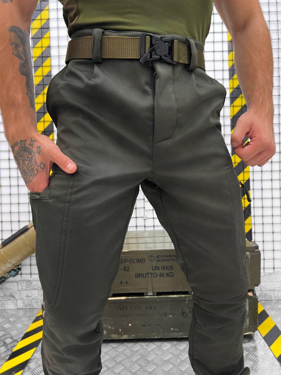 Армейские брюки софтшел олива, тактические штаны с высокой посадкой и хлястиками под ремень L - фото 5 - id-p2072836438