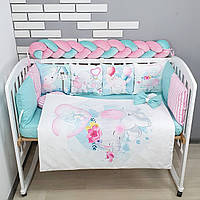 Комплект постільної білизни з ковдрою та бортиками на 4 боки у ліжко 120х60см- Слоники м'ятно-рожеві