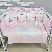Комплект постільної білизни з ковдрою та бортиками на 4 боки у ліжко 120х60см- Зайченята на рожевому