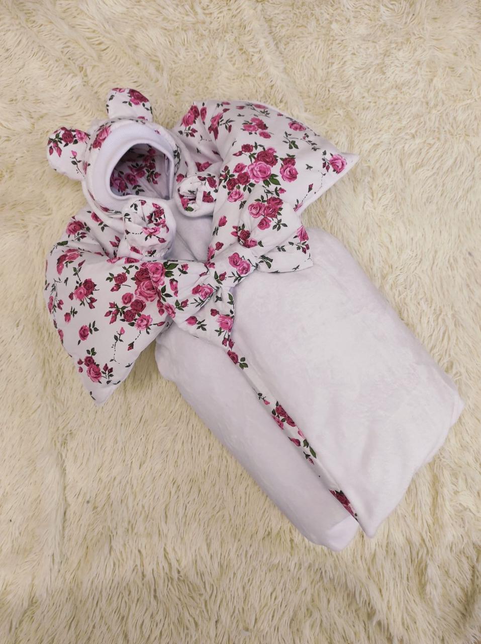 Демісезонний махровий комплект для новонароджених дівчаток, білий з квітковим принтом