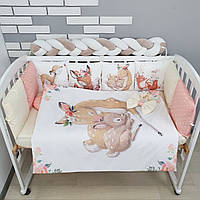 Комплект постільної білизни з ковдрою та бортиками на 4 боки у ліжко 120х60см- Оленята персиково - молочні