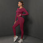 Жіночий спортивний комплект для фітнеса 2в1 Лосіни та топ з довгими рукавами Костюм бордовий для тренувань, фото 7