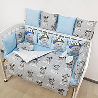 Комплект постільної білизни з ковдроюта бортиками на 4 боки у ліжко 120х60см- Ведмедик BOY сіро-блакитний