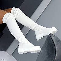 Шикарні білі жіночі високі чоботи панчохи ботфорти на флісі низький хід