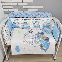Комплект детского постельного с одеяльцем и бортиками на 4 стороны кроватки 120х60 см -Медвежата на транспорте