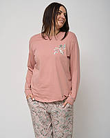Пижама комплект батальный женский cо штанами и футболкой 30069ю Nicoletta бежевый с принтом