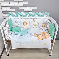Комплект детского постельного с бортиками на 4 стороны кроватки 120х60 см - Мятные зверята на шариках