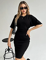 Нарядное элегантное коктейльное платье женское облегающие с широким рукавом изумрудное платье 40 42 44 46 р. 48/50, Черный