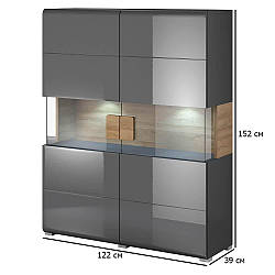 Шафа вітрина дводверна з підсвічуванням Toledo 122 см антрацит глянцевий та дуб градсон для вітальні