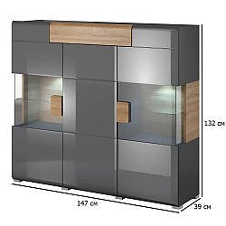 Шафа вітрина з підсвічуванням Toledo 147 см антрацит глянцевий та дуб градсон у їдальню