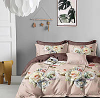 Двуспальный комплект постельного белья "Пионии" бежевый в цветочки пододеяльник на молнии