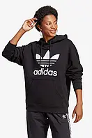 Urbanshop Бавовняна кофта adidas Originals Trefoil Hoodie жіноча колір чорний з капюшоном з принтом