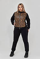 Шикарний спортивний Прогулянковий костюм з леопардовими вставками з еко шкіри жіночий Великого розміру Чорний