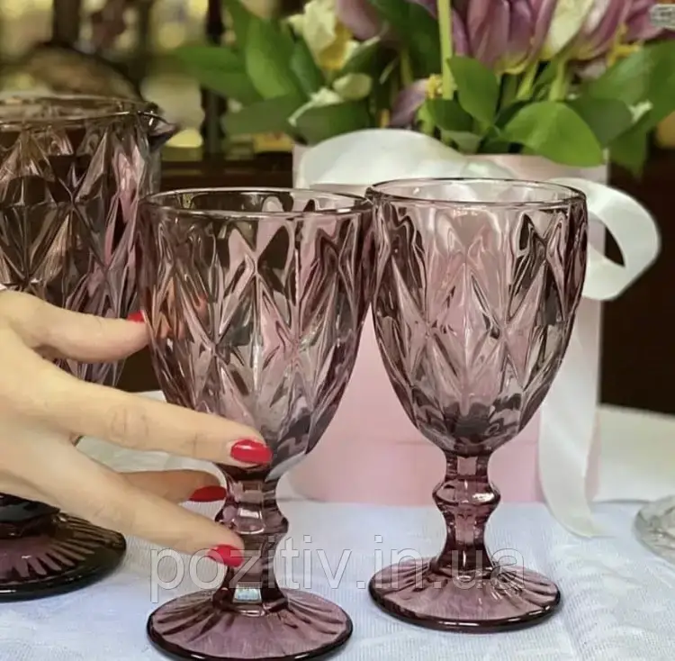 Набір келихів для вина з кольорового рожевого скла "Рубін" 320 мл 6 штук, фото 1
