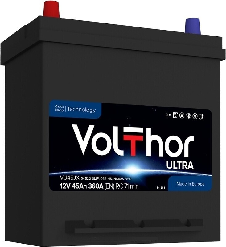 Акумулятор автомобільний VolThor VU45JX 54522 SMF, 055 HS (Ultra, Ca/Ca, 12V, 45Ah, EN360A, RC 71 min, Asia, 134*196*226 мм,