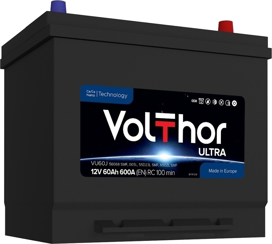 Акумулятор автомобільний VolThor VU60J 56068 SMF, 005L (Ultra, Ca/Ca, 12V, 60Ah, EN600A, RC 100 min, Asia, 173*220*230 мм,