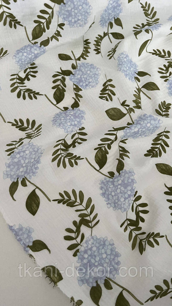 Муслін (жатка 1,35 м) блакитні гортензії на молочному, 135см, фото 1