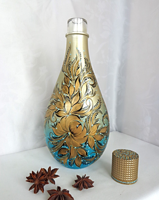 Декоративна інтер'єрна пляшка з авторським розписом "Півонія Золота"-купити-в інтернет-магазині AnnaRose