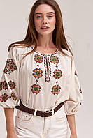 Женская вышиванка бежевая с орнаментом "Традиции", льняная вышитая блуза в украинском стиле