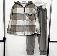 Костюм детский подростковый, кашемировая клетчатая рубашка с капюшоном, штаны велюровые, Серый, 116-122
