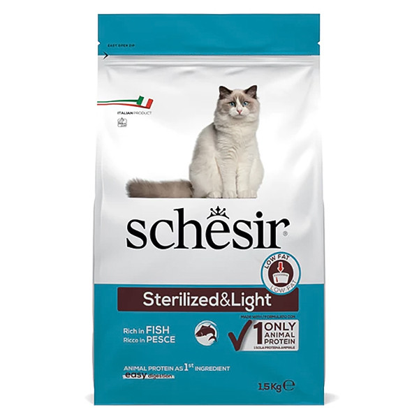 Schesir Cat Sterilized & Light Шезір сухий монопротеїновий корм для стерилізованих кішок та кастрованих котів 1.5кг, фото 1