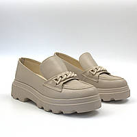 Легкие бежевые лоферы кожаные туфли мокасины женская обувь демисезонная Cosmo Shoes lOfEr Beige