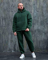 Спортивный костюм зимний зеленый мужской тринитка на флисе, Оверсайз мужской теплый костюм