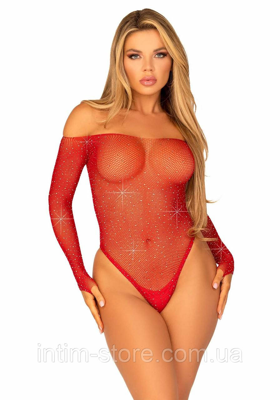 Сітчасте боді зі стразами Leg Avenue Crystalized fishnet bodysuit Red One Size SO9138, фото 1
