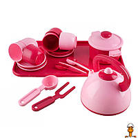 Игровой набор посуды, с чайником, кастрюлей и подносом, детская, от 3 лет, ЮНИКА 70309(Pink)