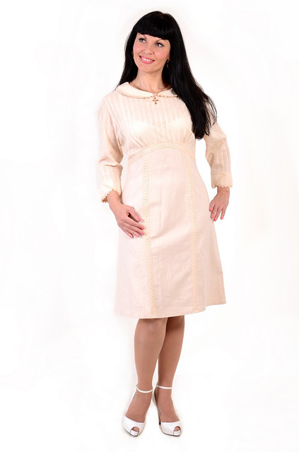 Платье нарядное льняное молочное женское трапеция с кружевом ( ПЛ 004) - фото 1 - id-p26768321